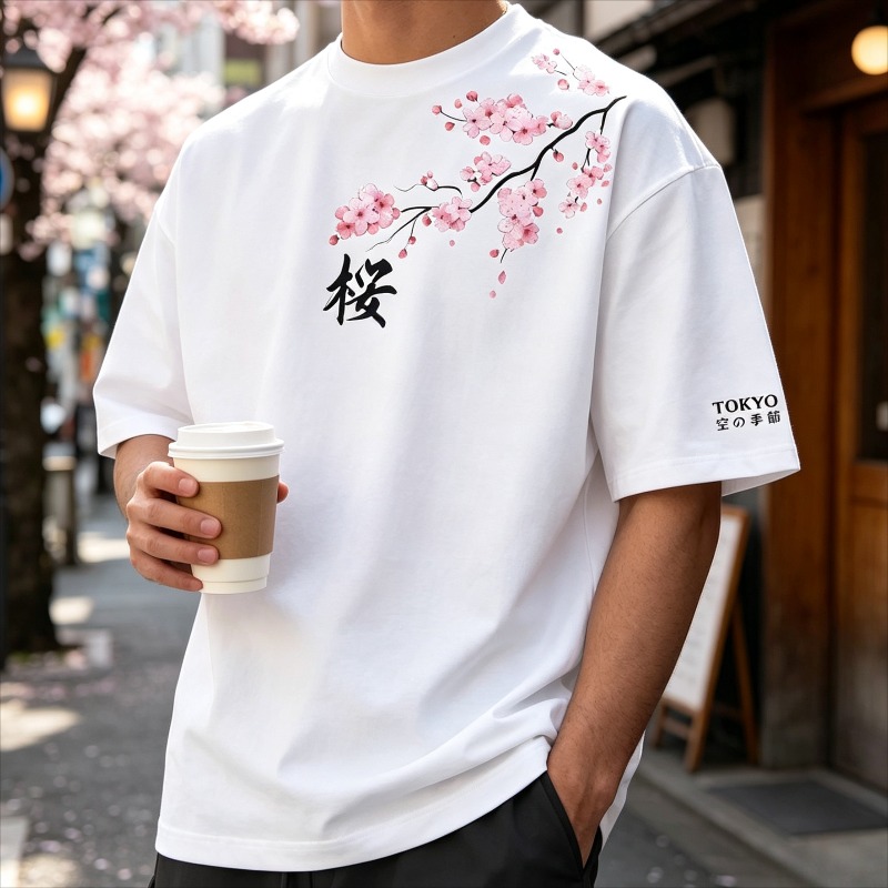 Street Fashion Asian Men - Sakura Tokyo Men’s Floral Kanji Print