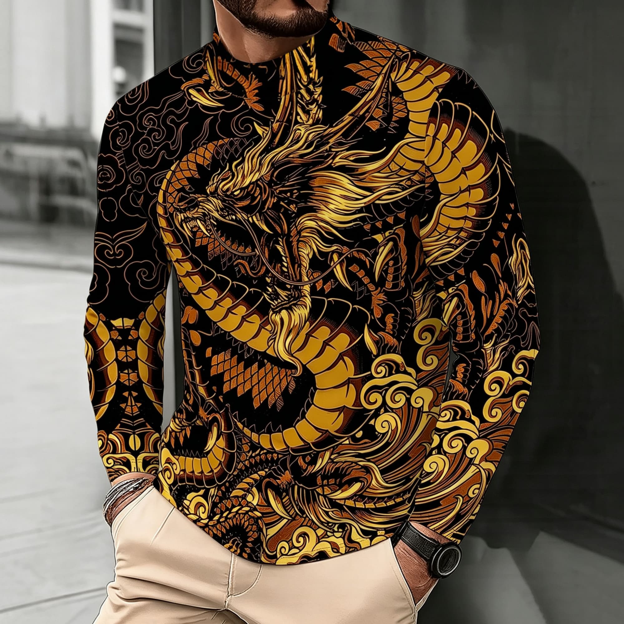 Street Fashion Asian Men - Men Mock Neck Long Sleeve Top,
