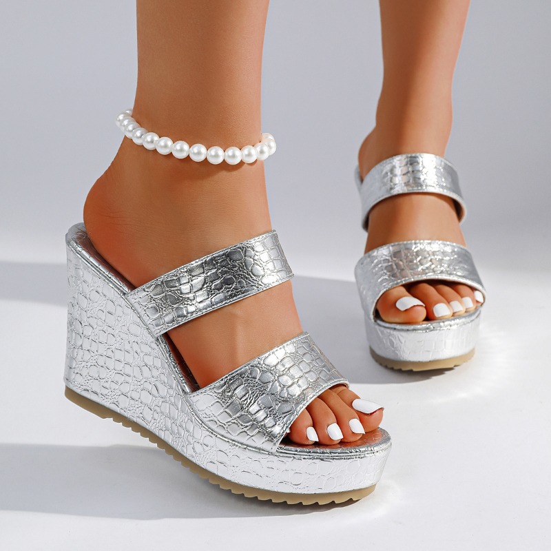 Street Fashion Luxury - Golden Crocodile Print Wedge Heels Slides