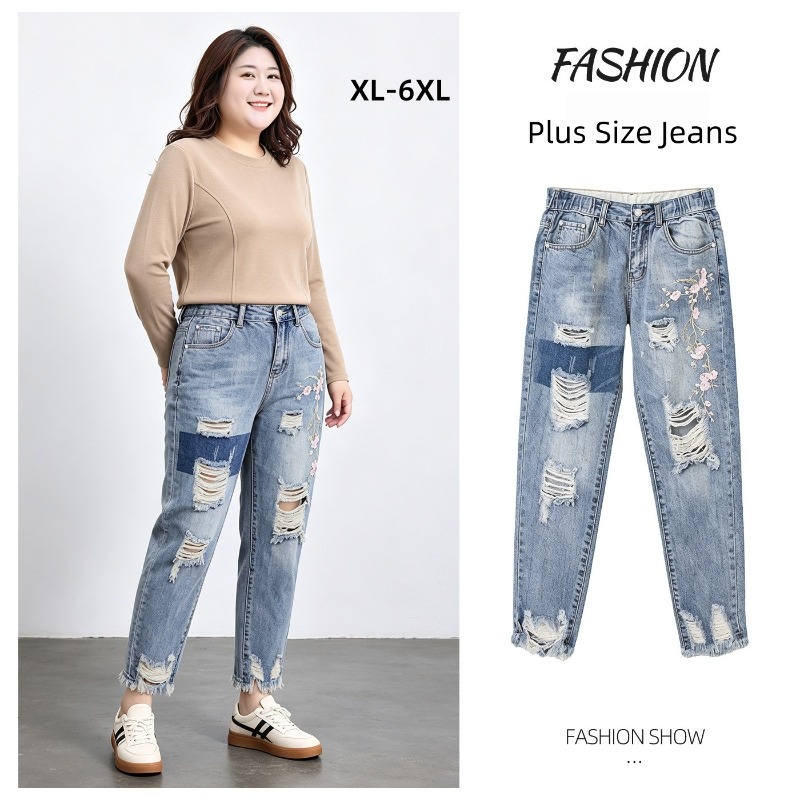 Distressed Jean Rip - Autumn Plus Size Women Jeans 6XL