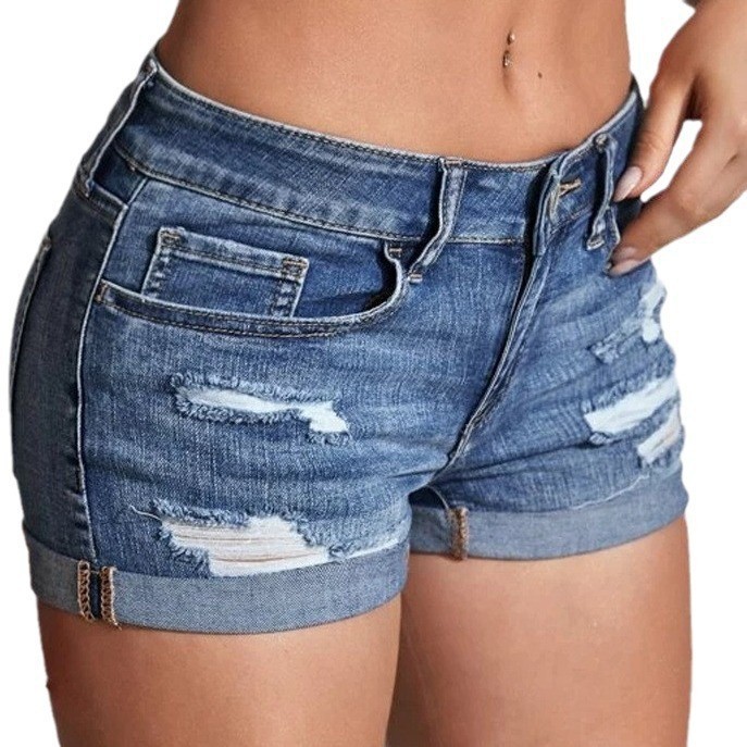 High Waist Washed Denim Shorts - Distressed Jean Rip 评论和价格
