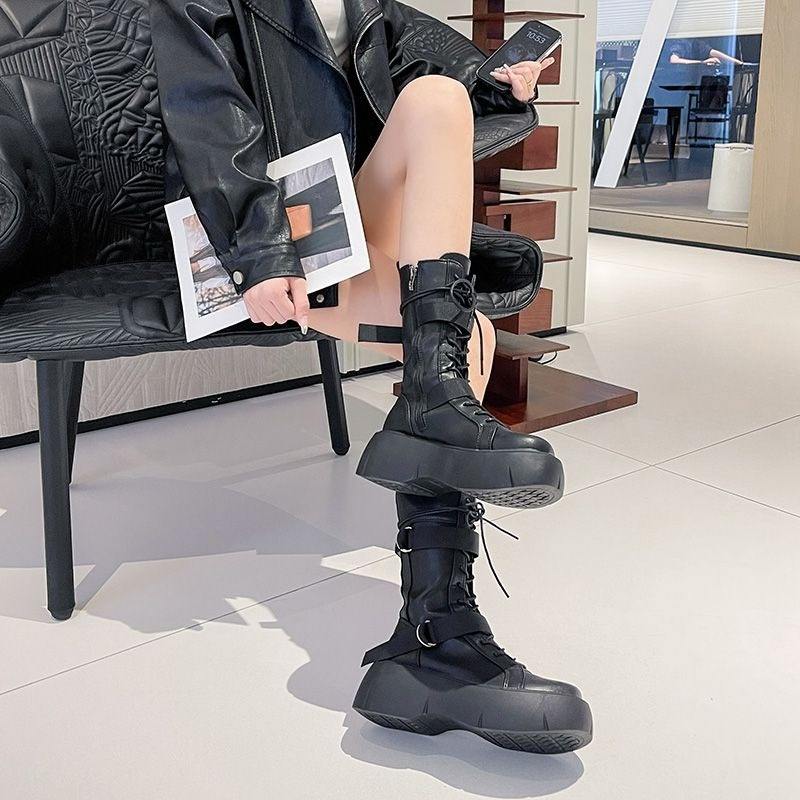 Black Lace-up Platform Leather - Street Fashion Trends 2025 评论和价格