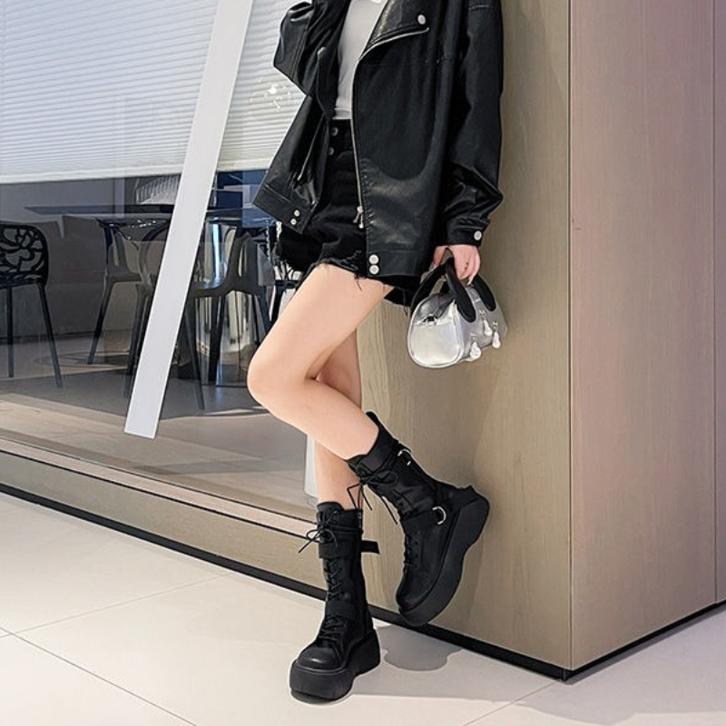 Black Lace-up Platform Leather - Street Fashion Trends 2025 评论和价格