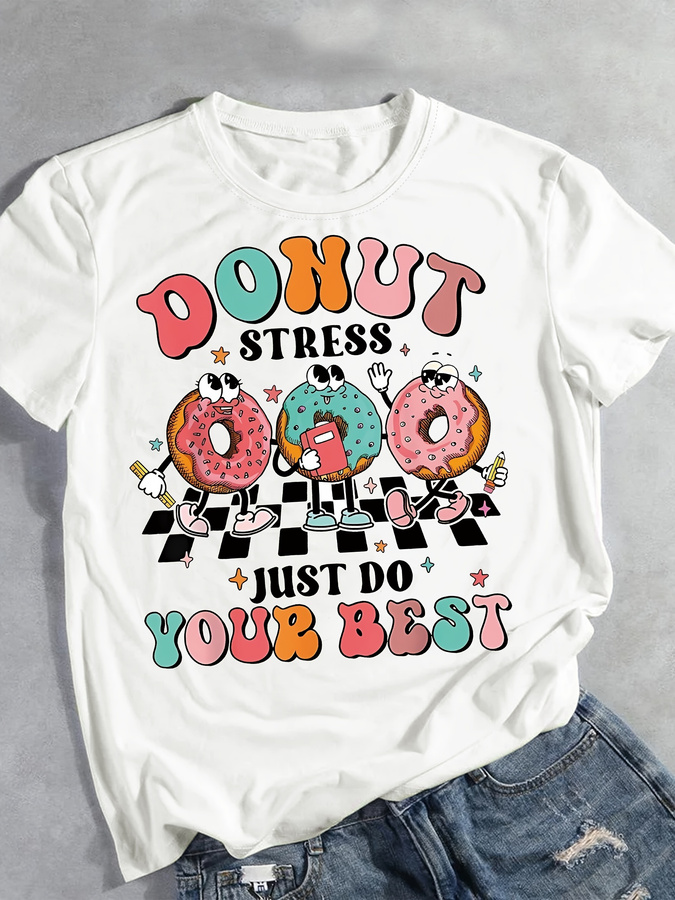 Cartoon Donut Print T-shirt, S - Street Fashion Trends 2025 评论和价格