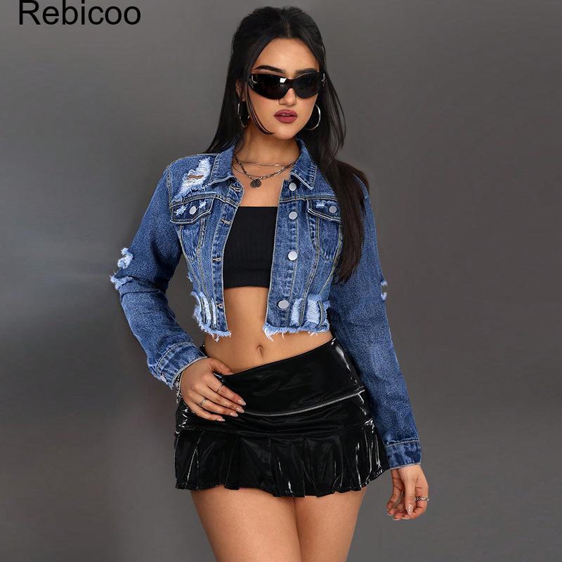 Women's Cropped Denim Jacket L - Distressed Jean Rip 评论和价格