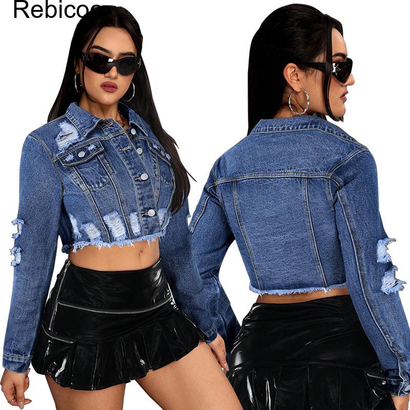 Women's Cropped Denim Jacket L - Distressed Jean Rip 评论和价格