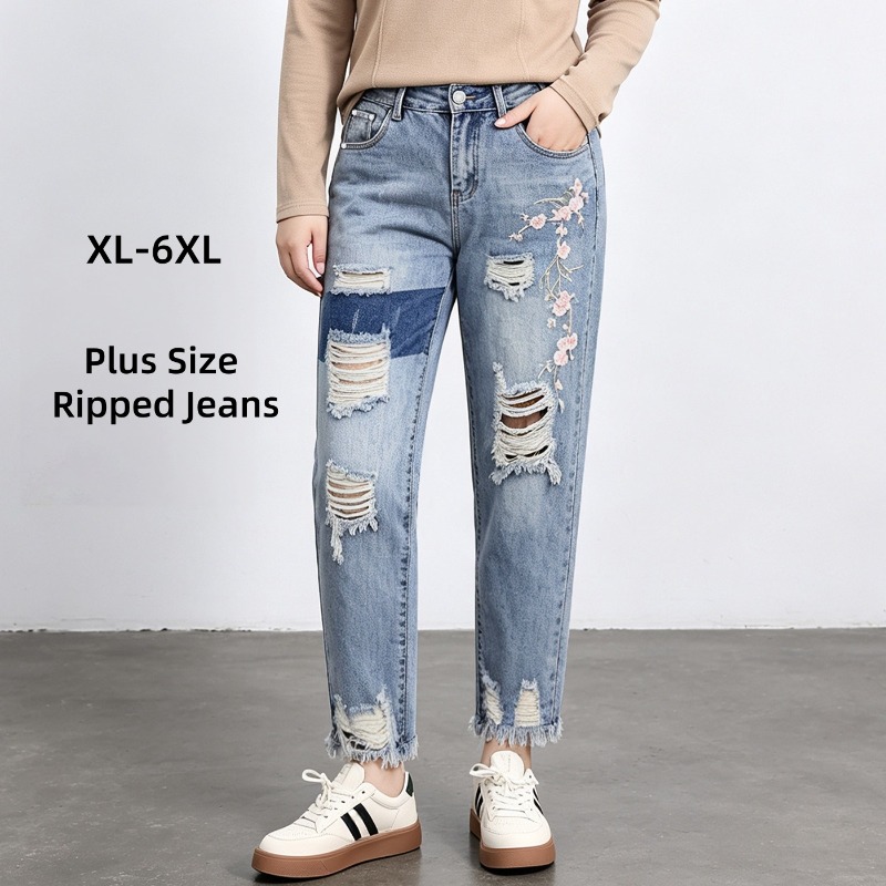 Autumn Plus Size Women Jeans 6 - Distressed Jean Rip 评论和价格