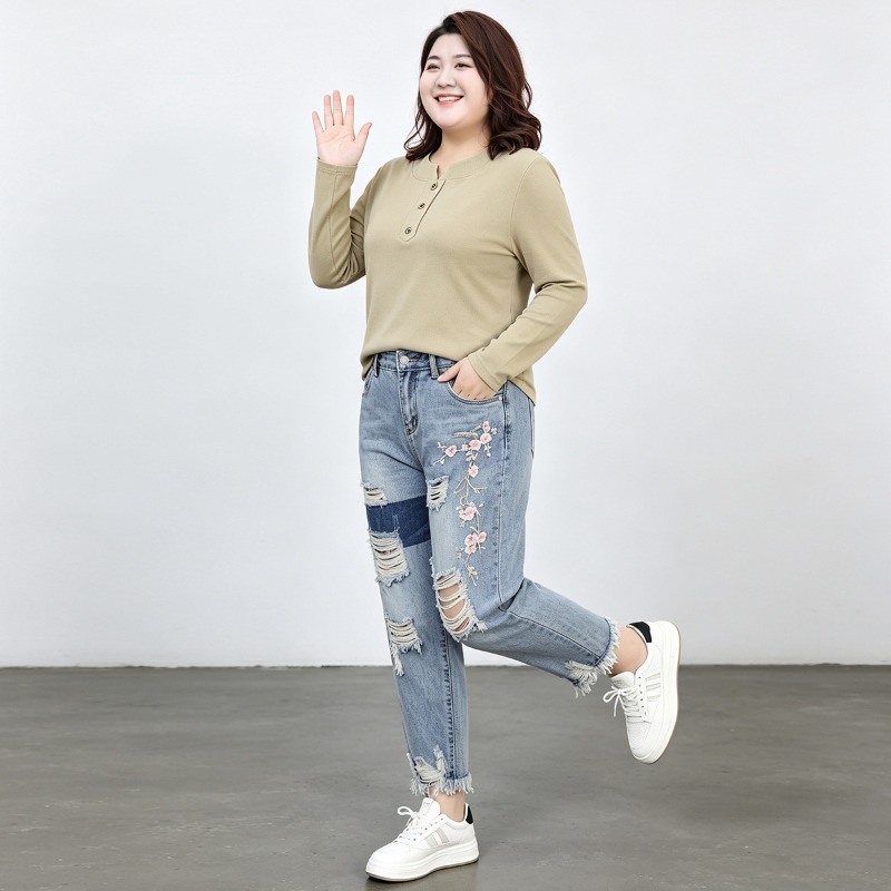 Autumn Plus Size Women Jeans 6 - Distressed Jean Rip 评论和价格