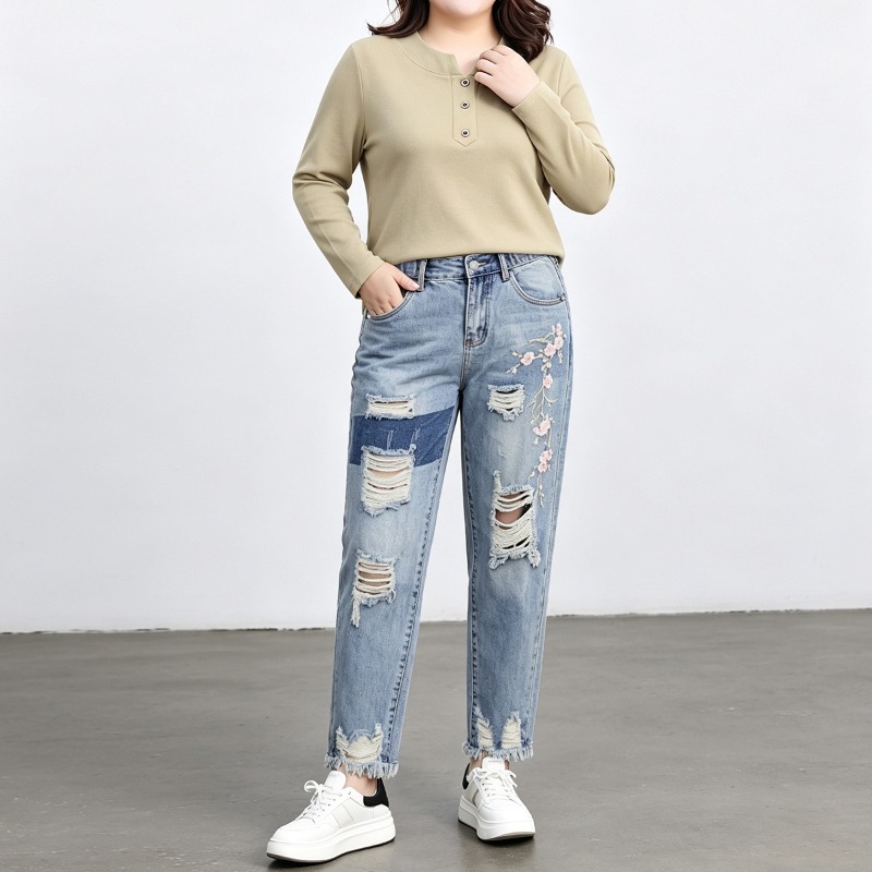 Autumn Plus Size Women Jeans 6 - Distressed Jean Rip 评论和价格